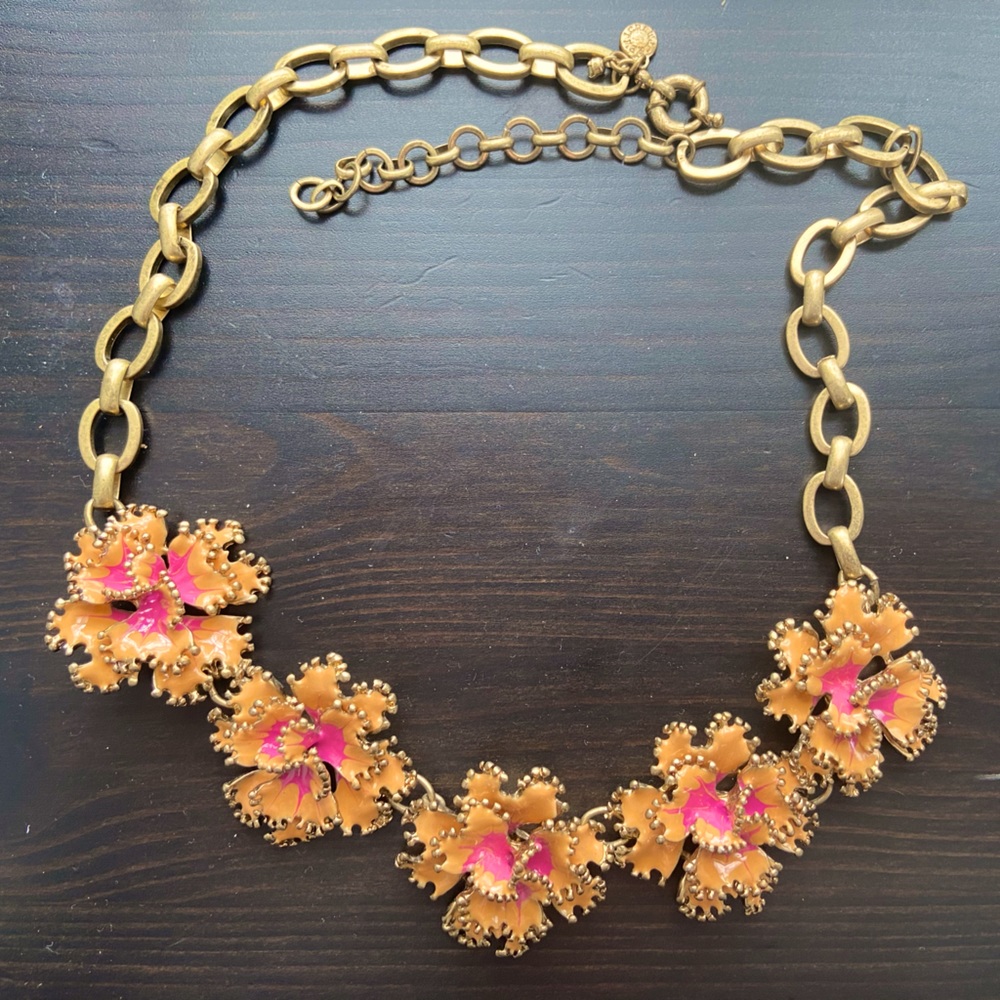 J. Crew Statement Necklace Gold Orange Pink Floral